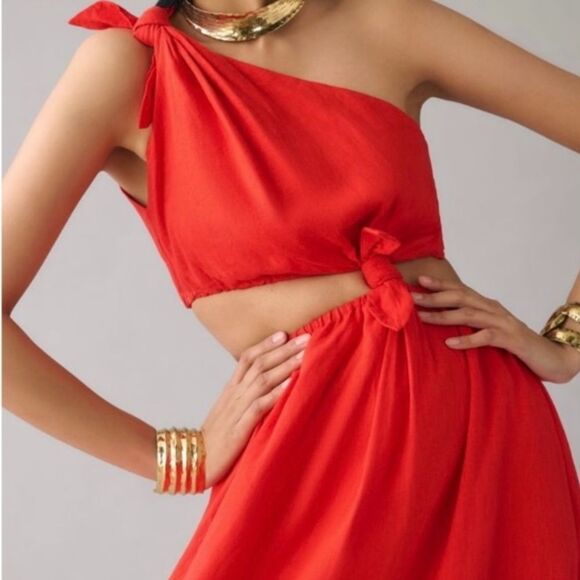 NEW FARM Rio Red Midi Knot Dress Linen Cutout Elastic Waist Asymmetrical Size XL - Picture 2 of 13